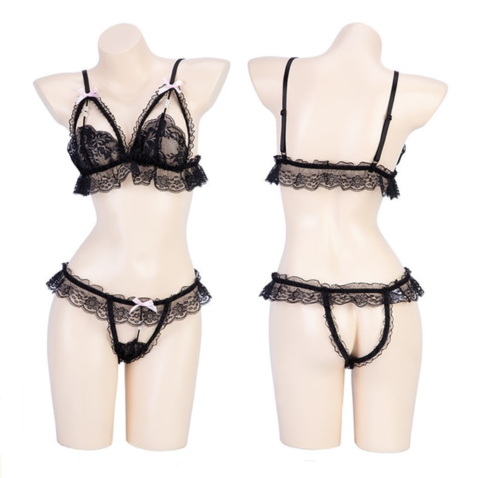 Sexy Underwear Lace Bead String Three-point Suit Black One Size