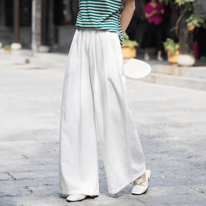 Chinese Style Cotton and Linen High Waist Loose Wide-leg Casual Pants White M