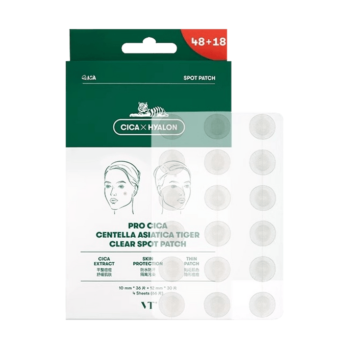 韓國VT CICA老虎痘痘貼 積雪草淨痘舒緩透氣 66枚組合 10mm*36片 + 12mm*30片 不悶隔離污染 可上妝服帖