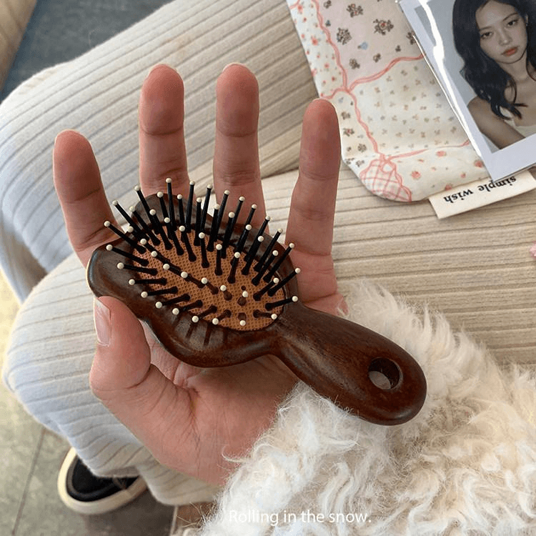 四季美 可愛檀木氣墊梳迷你小巧便攜頭部按摩經絡疏通頭皮氣囊梳子 1把