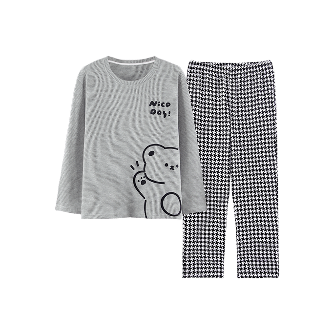 Crew Neck Long Sleeve Pajamas Loungewear Set Gray Big Bear XXL 175-183cm Men's