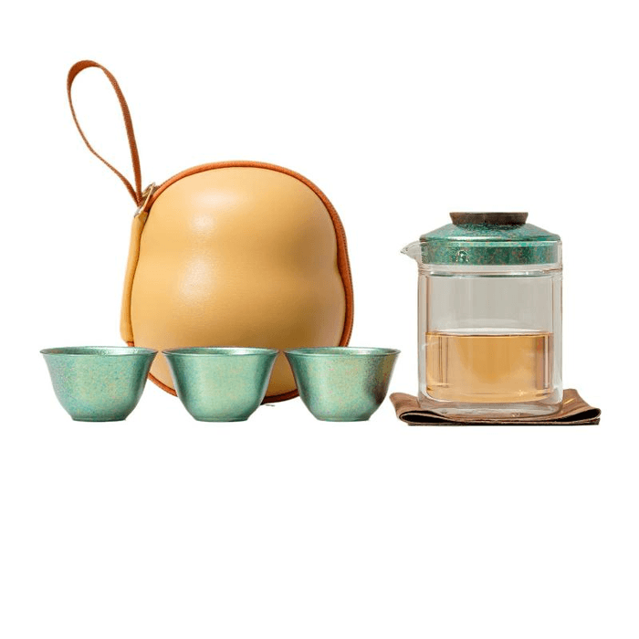 【中国直邮】 一品仟堂 纯钛旅行茶具钛杯套装便携快客杯 直身浅绿 一壶三杯 壶245毫升