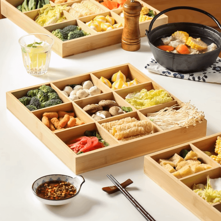 Nine-Grid Tray Hot Pot Grid Bamboo Wood Side Dish Plate Dessert Tea Snack Box with 9 Small Plates Version B 3