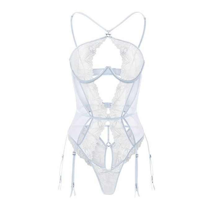 Cutout Lace Bodysuit for Women, Contrast Color Intimate One-Piece, Blue and White, Size M