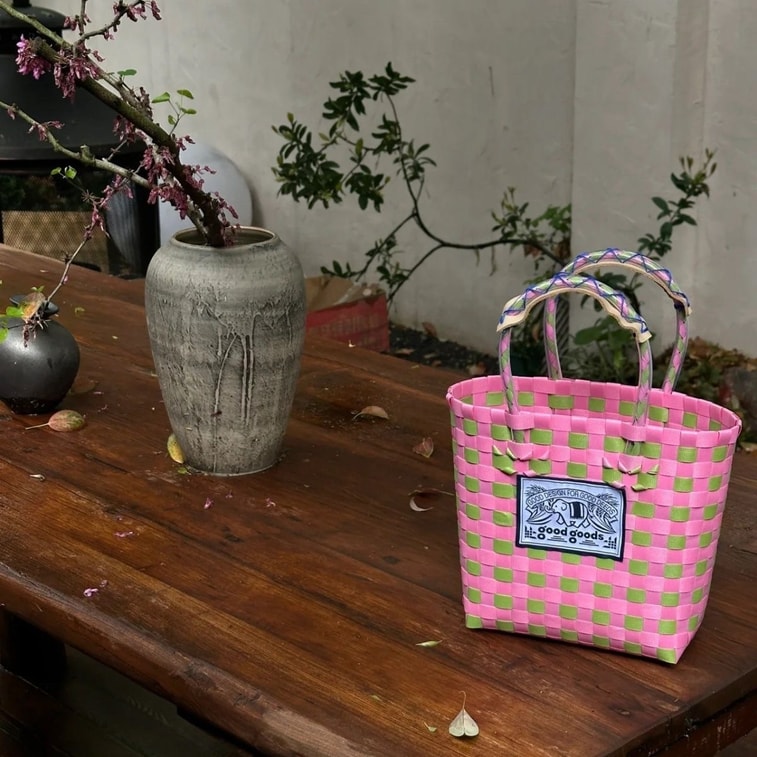泰國 Goodgoods 小象手工編織手提野餐籃-粉綠拼色【2025爆款】1個 4