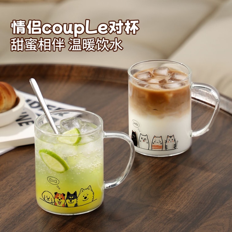 [중국 직배송] 푸광 유리 머그컵, 450ml, 고붕규산 유리, 귀여운 강아지 무늬, 고급스러운 디자인, 내열성, 투명 아침 식사 머그컵 5
