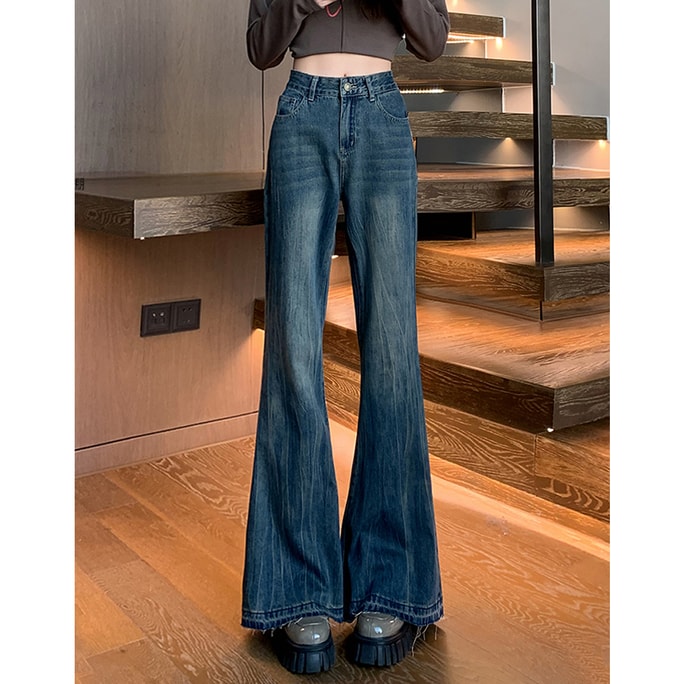 HSPM New High Waist Slimming Wide Leg Slightly Flared Jeans Retro Blue M