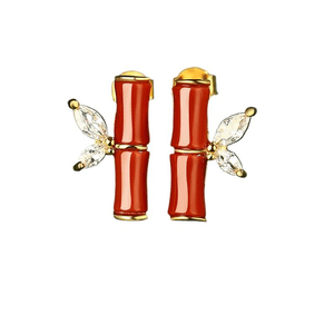 【中國直郵】 故宮淘寶 宮裡上新 和田玉耳環鴻竹(南紅)寶石級水潤櫻桃紅南紅瑪瑙 16*9.2mm