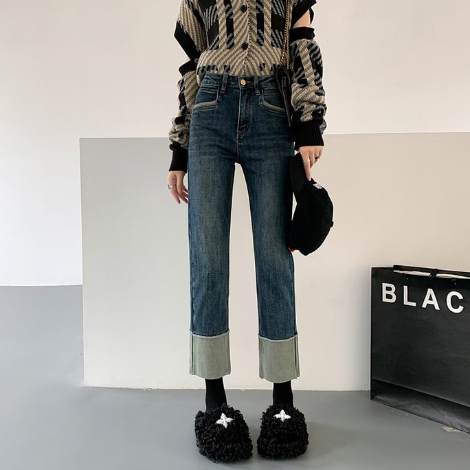 Spring Korean cuffed high waist capris