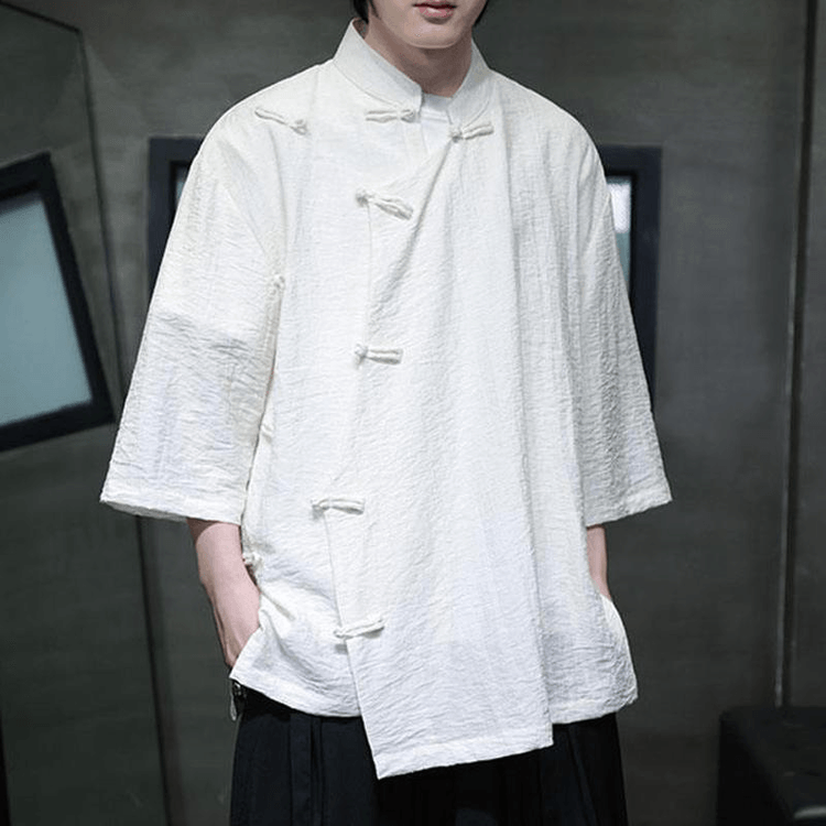 中国直邮】 ASIS 新中式男士亚麻盘扣七分袖宽松唐装上衣-白色2XL