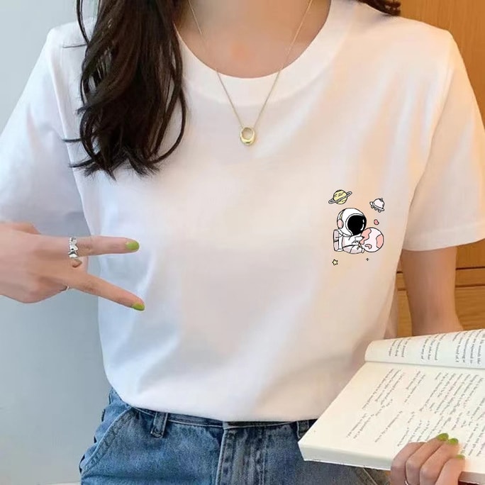 [중국에서 직접 메일] Shedi Xiong 새로운 한국식 여성 순면 반팔 티셔츠 Planet Girl L