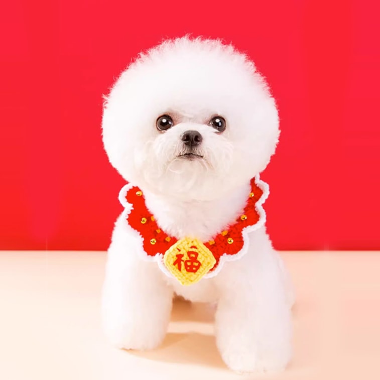嬉皮狗 元气新年针织项圈  宠物项圈口水巾 猫猫狗狗新年项链 波浪边福字 M 4