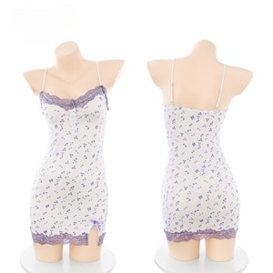 [중국발 다이렉트 메일] Feimu 섹시 란제리 윈드 차임 꽃 서스펜더 스커트 섹시 스위트 파자마 화이트 프리 사이즈 (스타킹 포함)