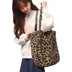 [중국 직배송] HSPM 신상 가을/겨울 양면 울 토트백, 편안한 숄더백, 대용량 쇼핑백, 트렌디한 브라운 레오파드 프린트, 양면 사용 가능, 1개