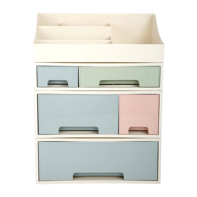ROSELIFE 薬・化粧品・文房具収納ボックス 取り外し可能 組み合わせ可能 4層収納ボックス [TADF] 高さ2つ、低さ1つ、引き出し5つ、スロット5つ デスクトップオーガナイザー ブルー ピンク グリーン