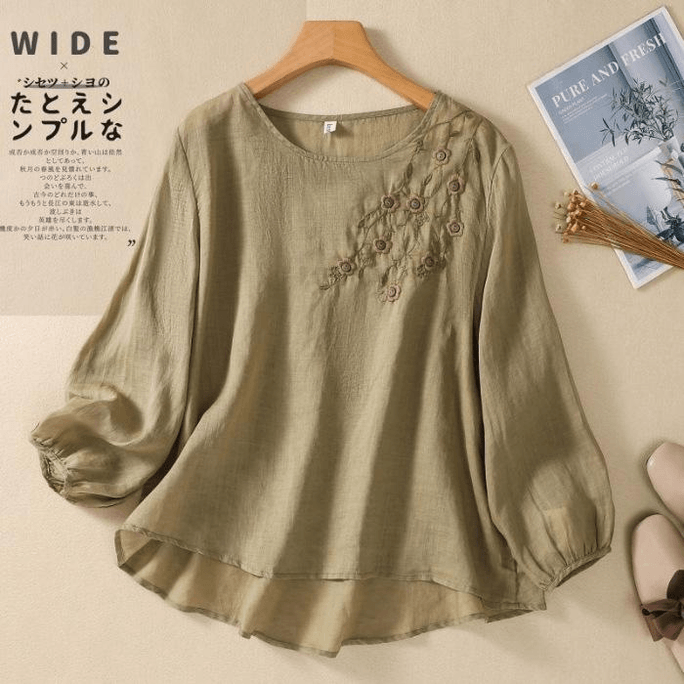 Chinese Style Round Neck Embroidery Long Sleeve Loose Fit T Shirts Navy M