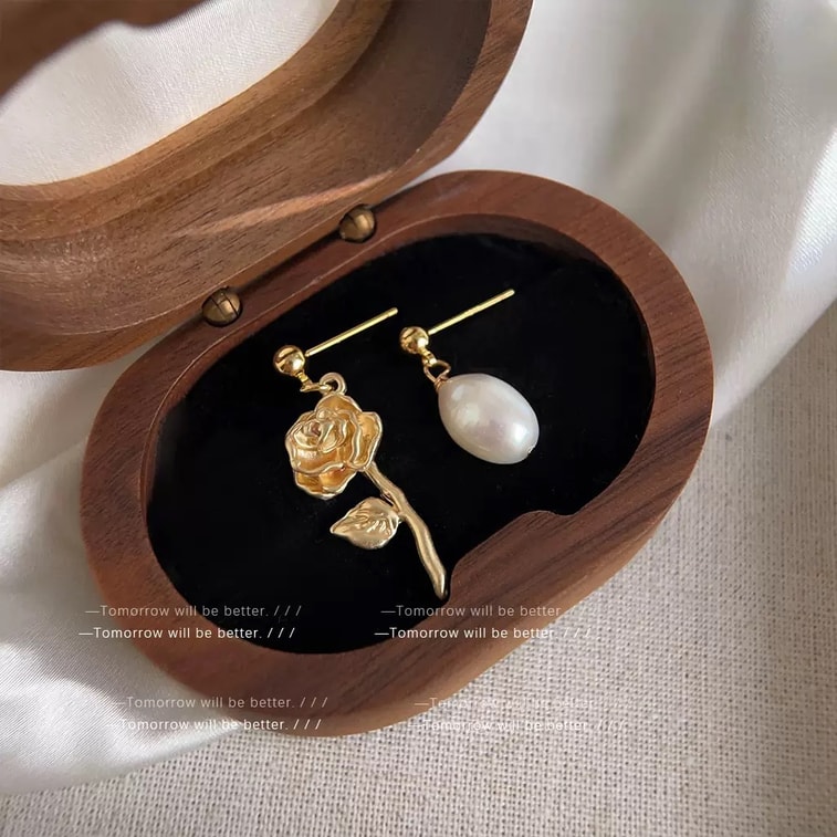 [Essential Gift for Women 's Day] Baroque Pearl Freshwater Retro rose stud earrings 925 Silver needle Retro Court Style earrings Asymmetrical French Elegant and Grand Niche Artistic Temperament 1 pair 6