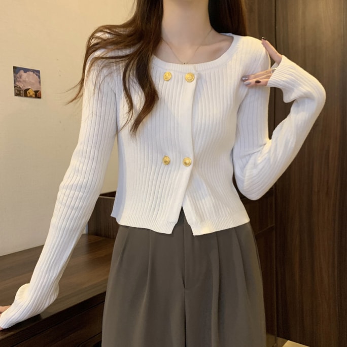 Vintage Square Neck Autumn/Winter Knitted Cardigan White