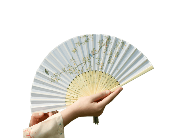 中国直送】六品堂 翡翠シルク製折りたたみ扇子 鳥のさえずりと散花柄 6