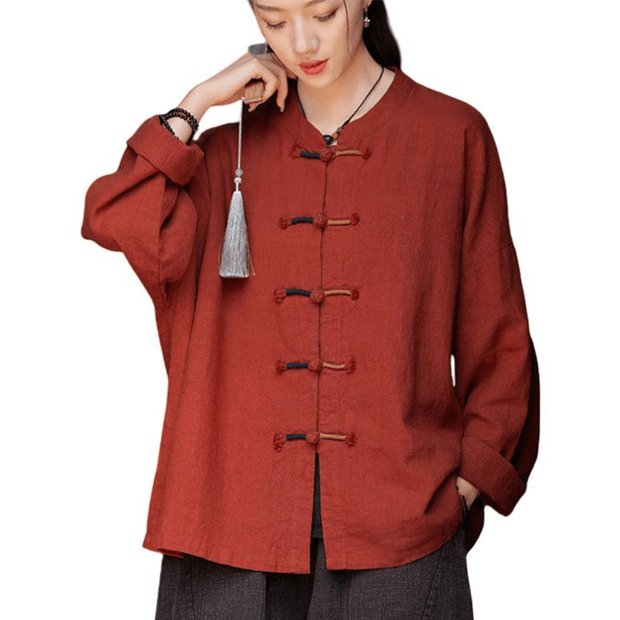 Chinese Style Ramie Vintage Color Matching Retro Buttons Jacket Shirt Red Onesize