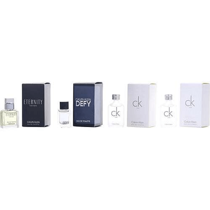 Calvin Klein Variety 4 Piece Mens Mini Variety With Eternity & Ck One X 2 & Ck Defy And All Are 0.33 oz Mini