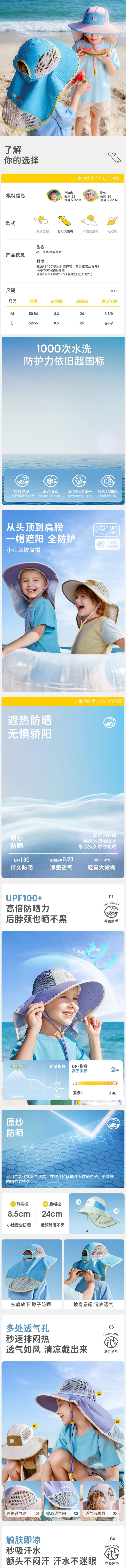 【中國直郵】 HSPM 兒童防曬帽防紫外線大帽簷遮陽太陽帽 粉櫻漫野L 1頂