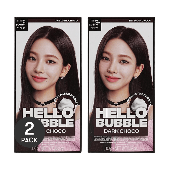 헬로 버블 헤어 다이, 쉬운 헤어 컬러링, 3.52oz. #3NT 다크 초코【중간-긴 머리 밸류 팩 2상자】