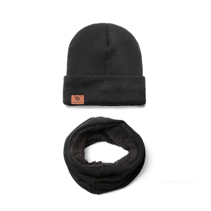 Hat Scarf Two-piece Set Windproof Thickened Plush Warm Knit Bag Black