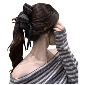 Korean-style college look~ Plaid multi-layer bow banana clip French retro high ponytail hair clip twisting clip hair accessory 1 piece