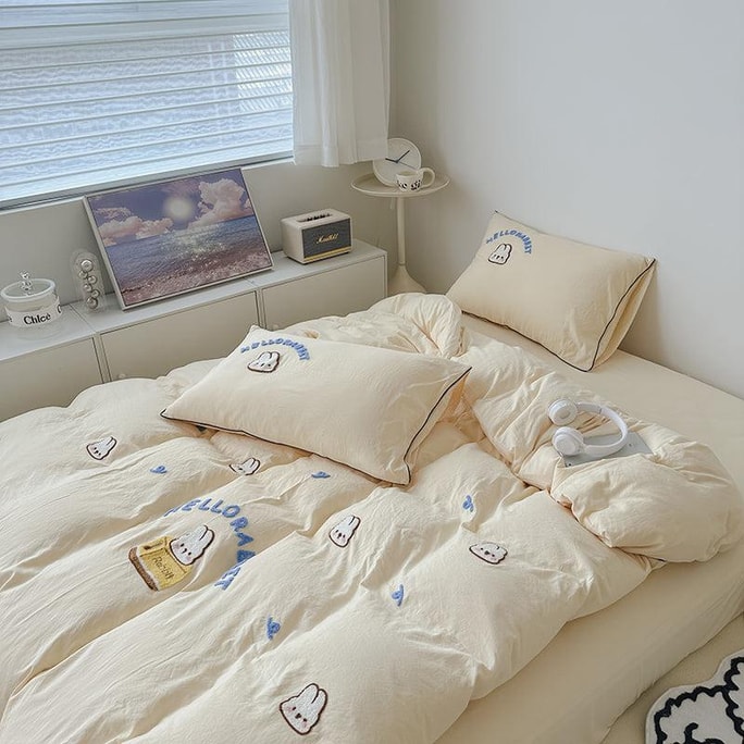 【中国直邮】 Lullabuy 面包兔水洗棉精美毛巾绣 床上三件套居家床品(床单*1+被套*1+枕套*1)黄色-Twin