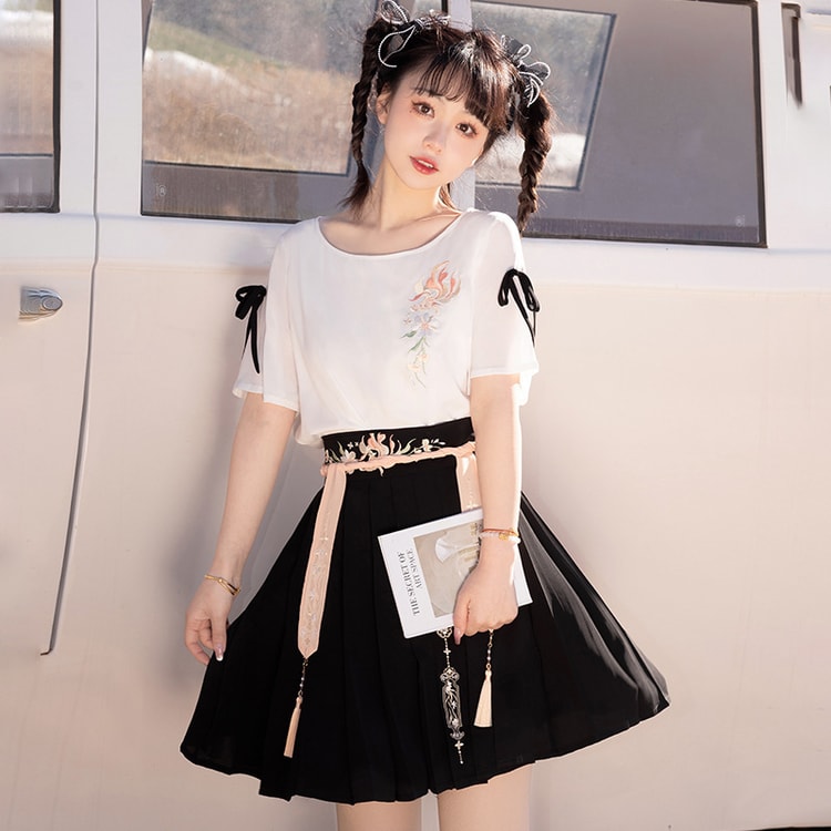 Chinese style white top black pleated skirt S - Yamibuy.com