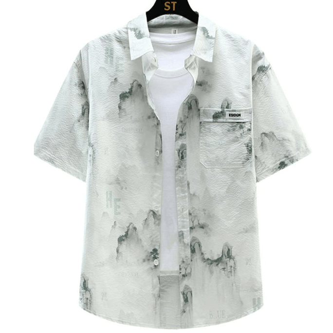 Chinese Style Print Pocket Design Short Sleeve Blouse Shirt Green S