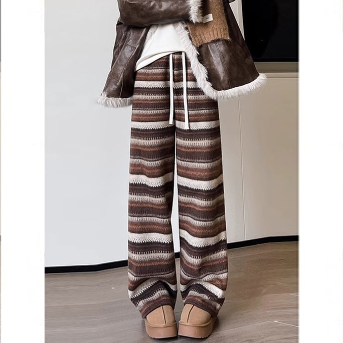 New Velvet Straight Tube Slimming Narrow Version Wide Leg Casual Pants With Coffee Stripes S