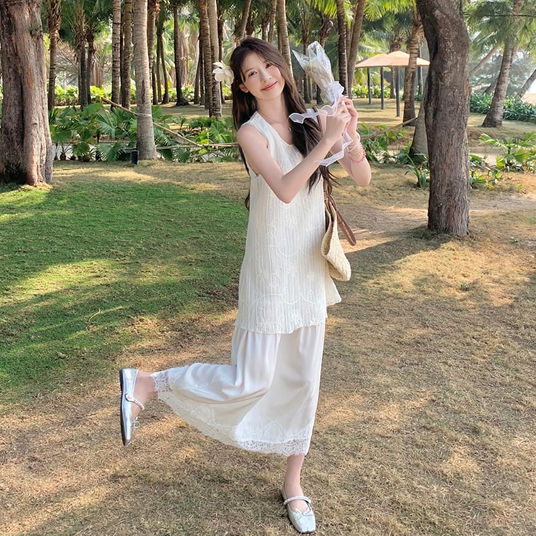 New Knitted Splicing Fake Two Piece Sleeveless Tank Top Dress White S 3