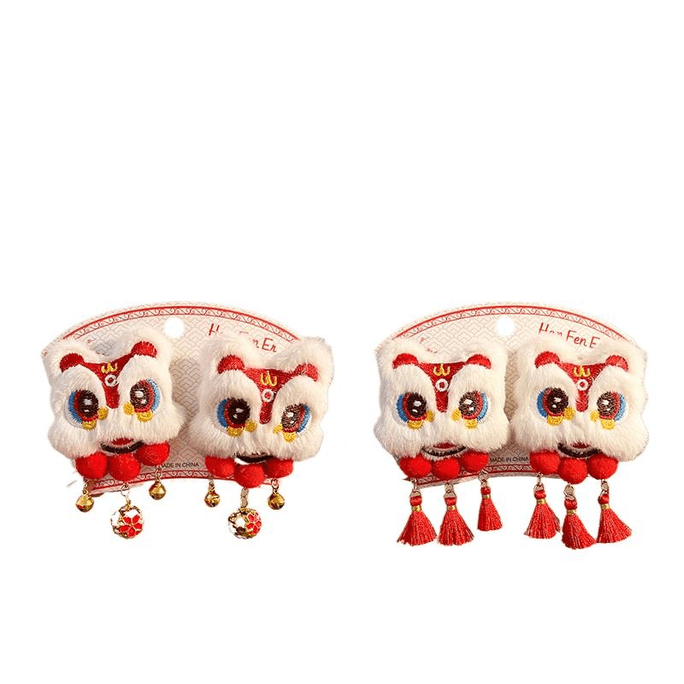 【中国直邮】 西坞 新年红色醒狮毛毛流苏发夹女新中式丸子头发卡中国风铃铛款醒狮+绣球4.5cm*2件