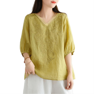【中国直邮】 ASIS 棉麻复古V领刺绣中袖休闲衬衫-黄色 L