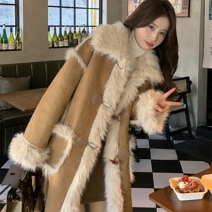 【中国直送】HSPM フェイクフォックス ロング丈 ゆったりファーコート ブラウン Sサイズ