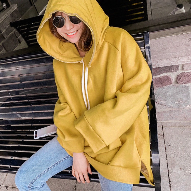 Hooded solid color loose hoodie gray one size - Yami