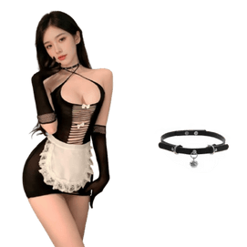 Tearable cute buttocks maid net suit set black + white one-piece net suit + apron + gloves * 2 + bell collar