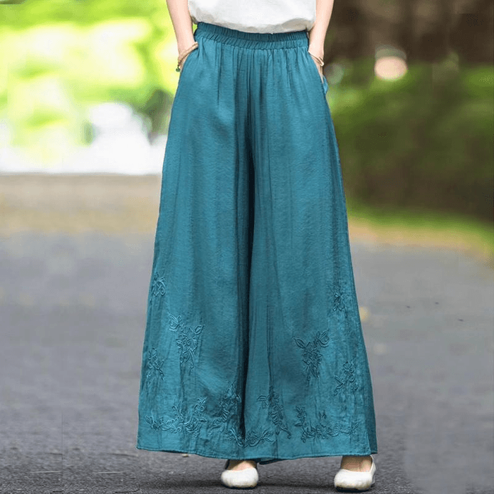 [중국 직배송] ASIS 코튼 린넨 자수 이중 레이어 캐주얼 와이드 팬츠 - 피콕 블루 M