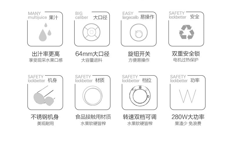 【中国直邮】 力好佳 多功能大口径原汁机果汁机电动家用刀头蔬菜水果榨汁机 1 把