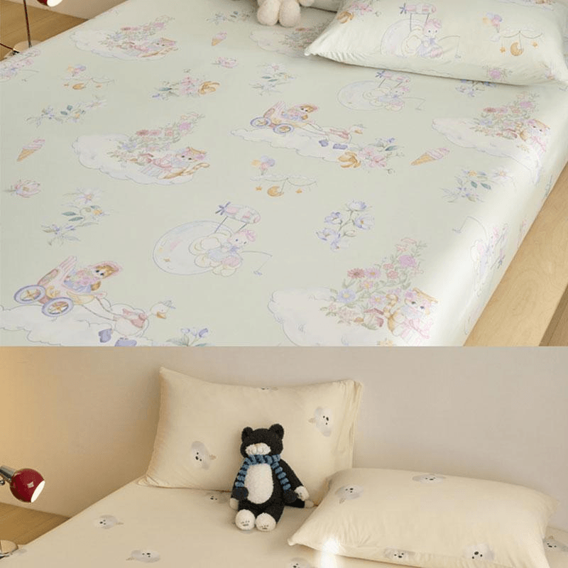 Lullabuy 萌趣夏日卡通凉感床笠(床笠*1+枕套*2) 夏季床品冰凉舒肤 格子熊仔 蓝-Queen Size