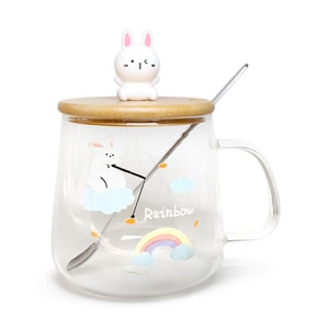 GINKGOHOME Cute Rabbit Mug Glass Mug with Spoon and Wood Lid - Rabbit 3 8oz