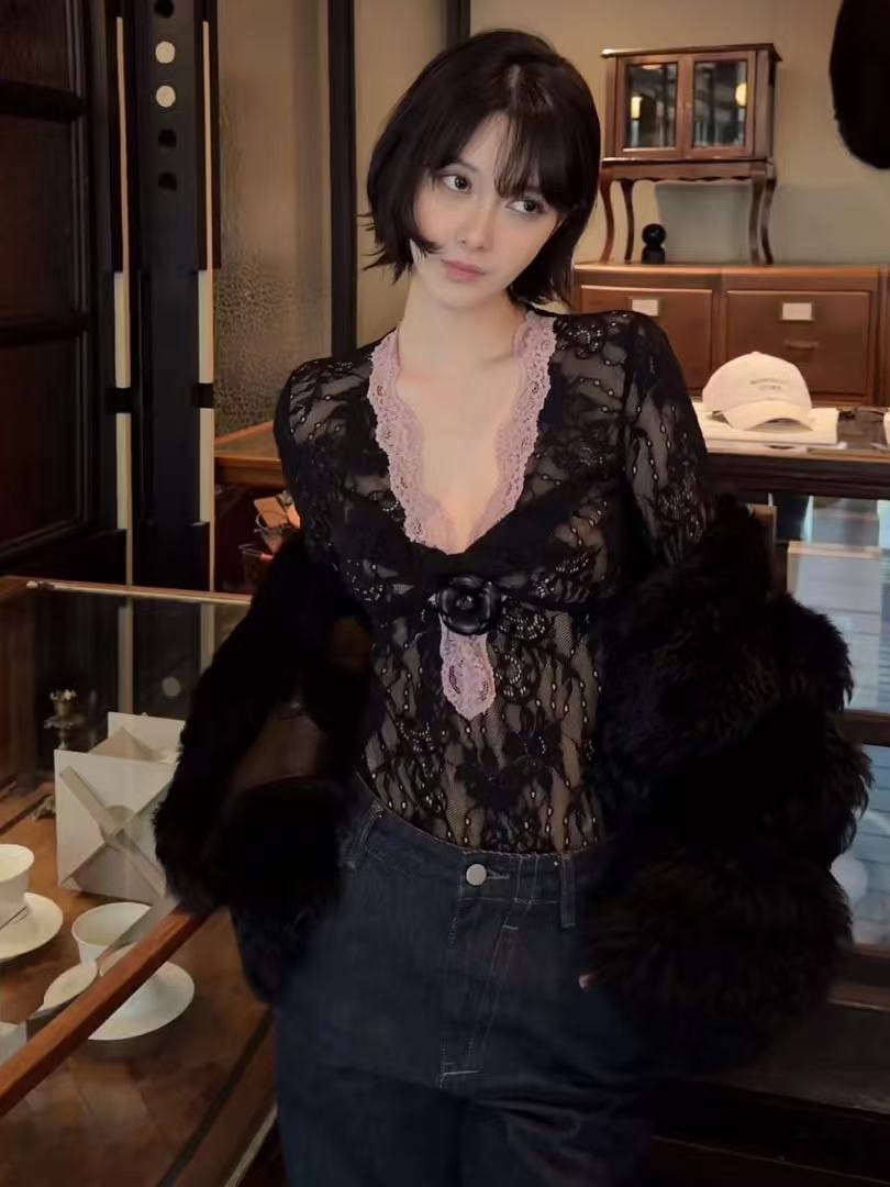 【加拿大直郵】 加拿大 SCENARIO 暗夜玫瑰蕾絲上衣 黑色 S-L碼 黑色 S