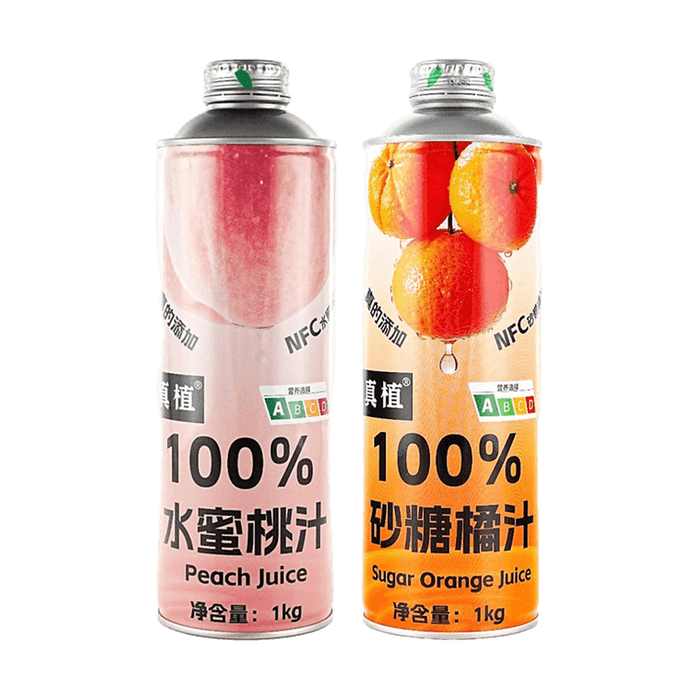 真植 100%水蜜桃汁+砂糖橘汁 1kg*2瓶【2种口味组合装】【配料干净0添加剂】【NFC果汁添加】