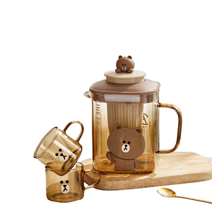 【中国直邮】 日本 LINE FRIENDS 布朗熊玻璃冷水壶耐热泡茶壶杯子套装家用水杯凉水壶  一壶两杯