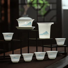 Jingdezhen Linglong Ceramic Gaiwan Tea Set 1 Gaiwan 1 Fair Cup 4 Cups Landscape Design