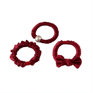 [중국 직배송] 밀리 새해맞이 여성용 레드 새틴 헤어 타이, 리본과 진주 장식, 십이지신 헤어 타이 [인기 3종 세트]