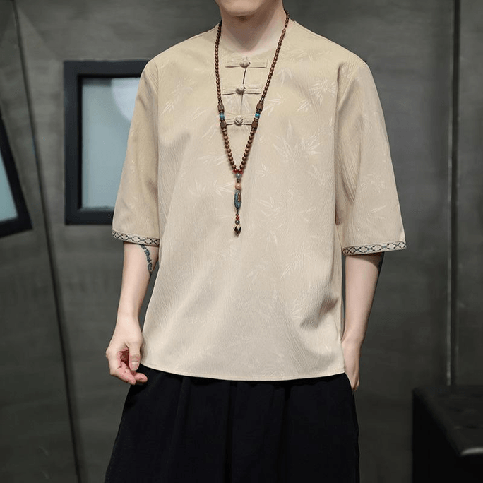 Chinese Style Men's Knot Button Solid Half Sleeve T Shirt Khaki XL