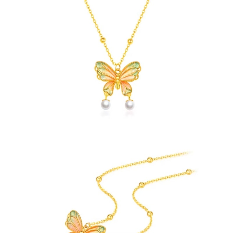 【中國直郵】 周大生 蝴蝶925純銀項鍊女高級感小眾漸變琺瑯首飾生日禮物送女友家人 粉綠蝴蝶 一條裝